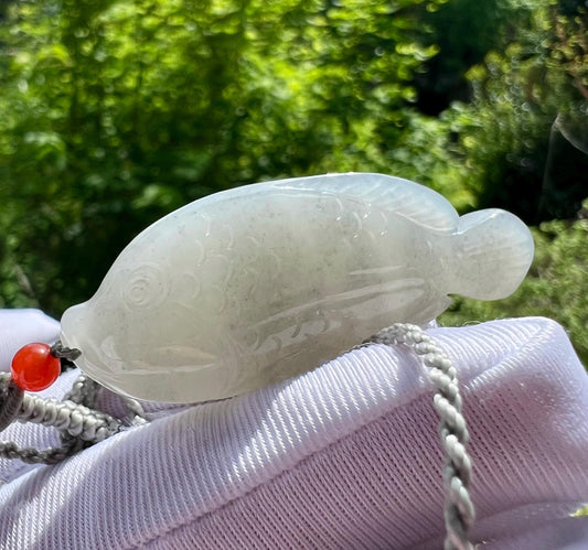 Certified natural jade/ Nephrite pebble carved fish pendant/natural pores/ 天然软玉 白玉点墨小鱼吊坠 #5074 白糯细润 洒金皮
