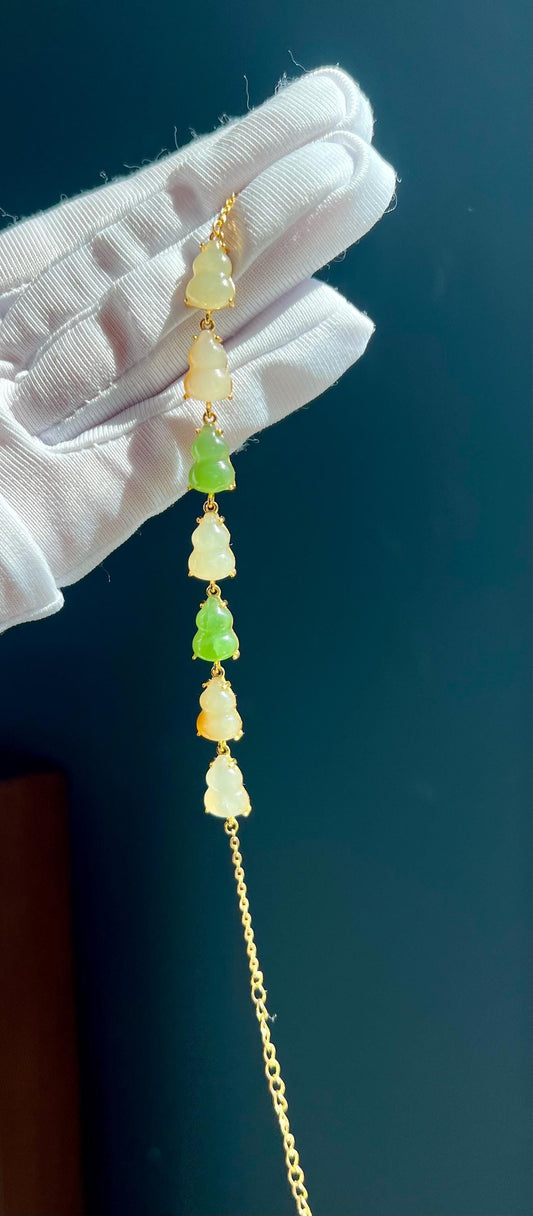 Certified natural Jade/multi color nephrite gourd bracelet /green brown yellow nephrite inlaid S925 bracelet 天然 葫芦形 碧玉糖白玉黄玉 镶嵌纯银手链 #0345