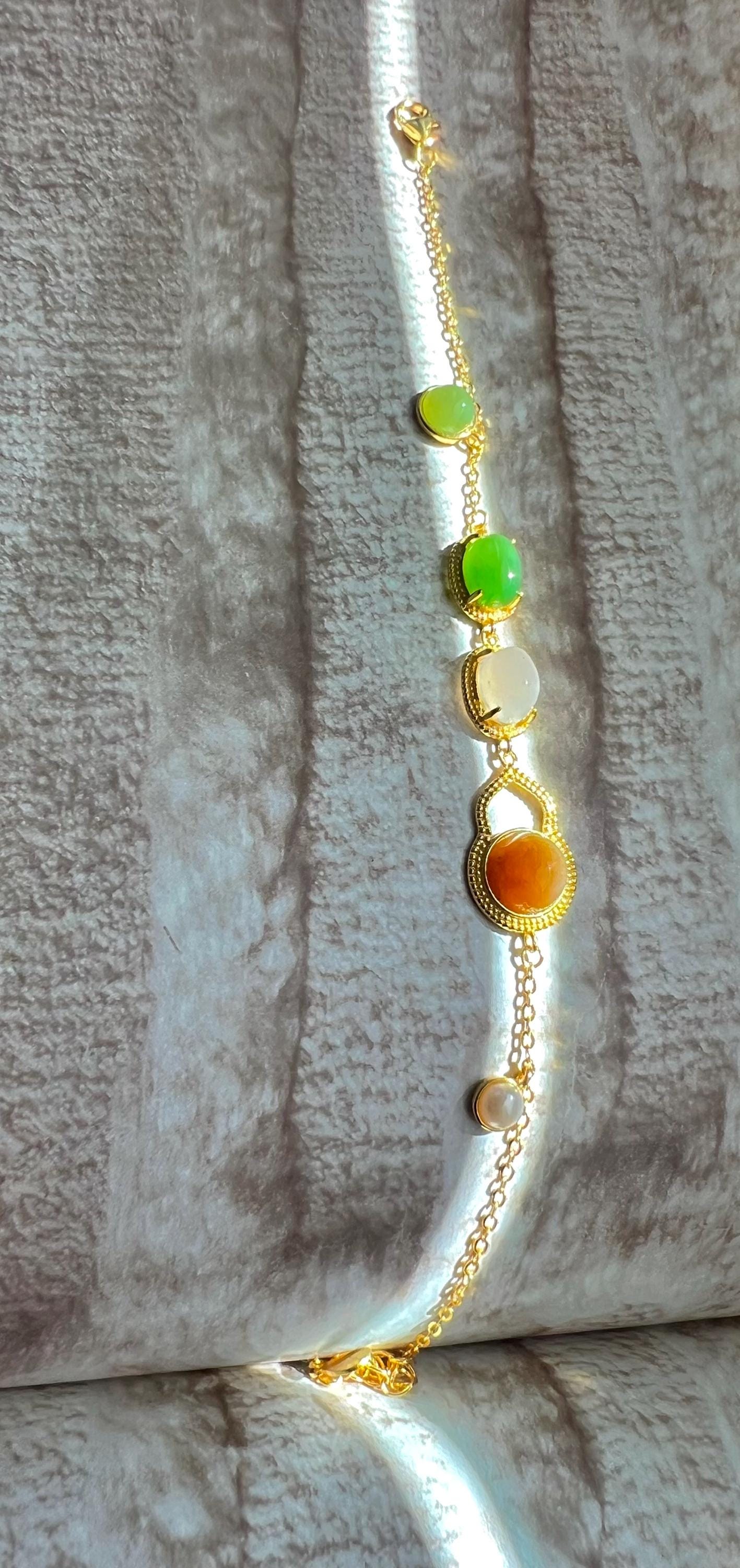 Certified natural Jade/multi color nephrite bracelet /green brown white nephrite inlaid S925 bracelet 天然碧玉糖玉白玉蛋面镶嵌纯银手链 #0949