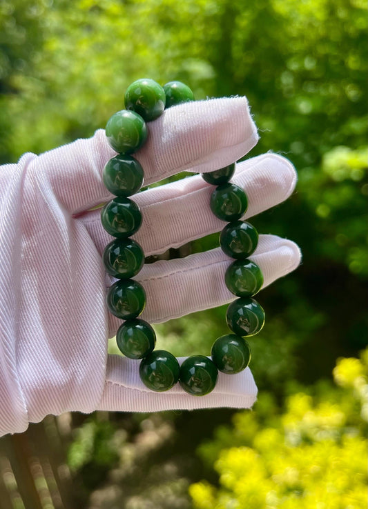11mm+ Certified natural nephrite green jade/spinach green nephrite Bracelet/ rich green nephrite/天然碧玉手串 肉底菠菜绿  #0320
