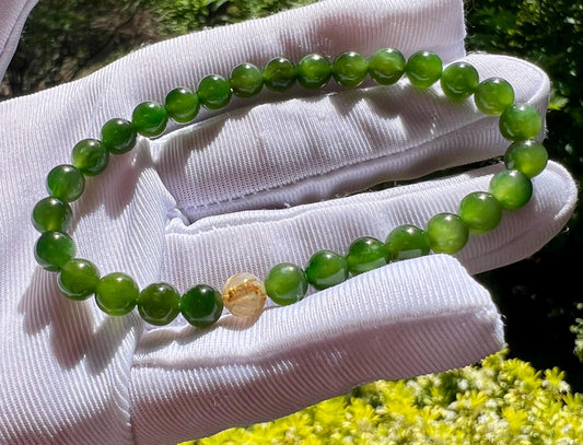 6mm Certified natural nephrite green jade /icy green nephrite Bracelet/chatoyancy 天然碧玉手串 冰绿 部分猫眼 #2238 搭配金钛晶圆珠