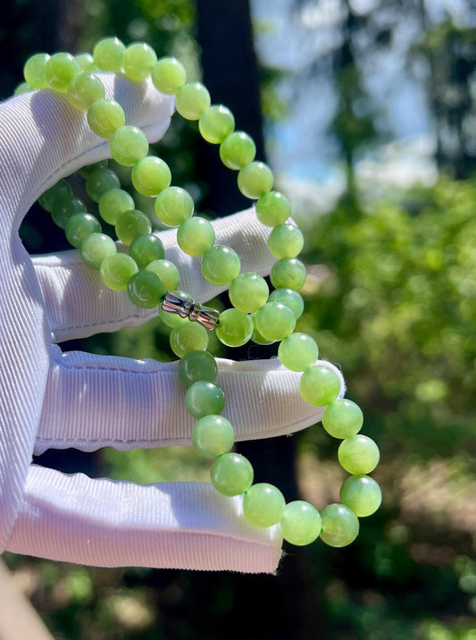 7.7mm Certified natural nephrite green jade/icy green nephrite necklace 天然碧玉项链 冰底粉青 冰底起胶 无黑点#0039