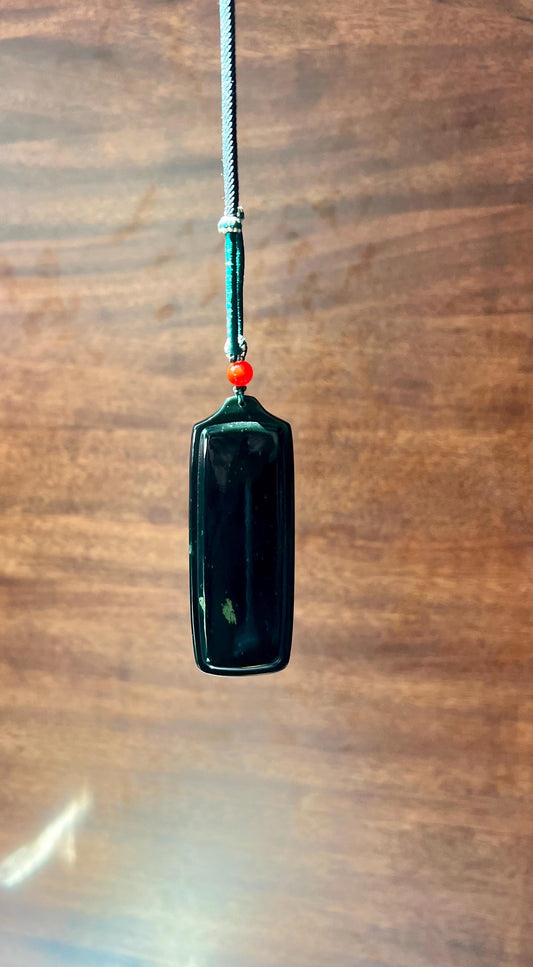 Certified natural jade/ Qinghai dark nephrite pendant/ safety rectangle pendant  necklace天然 黑青玉 无事牌 #5261 黑青玉 无敌黑 绿矿斑 意境美