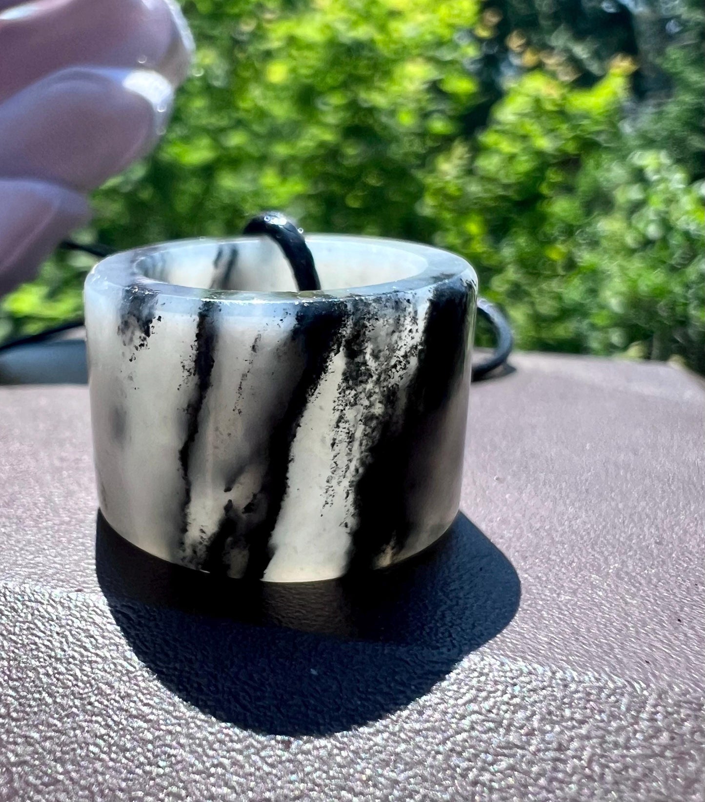 16.6mm Certified natural jade/ black and White nephrite ring/Qinghua nephrite band ring 天然软玉 水墨青花 戒圈 指环 扳指#4222 黑白分明 US size 5 1/4