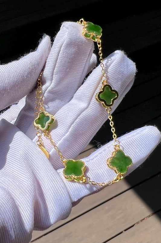 Certified natural nephrite green jade/ green nephrite inlaid S925 bracelet /four leaf clover/rich green 天然 碧玉四叶草镶嵌纯银手链 #7404 深阳绿