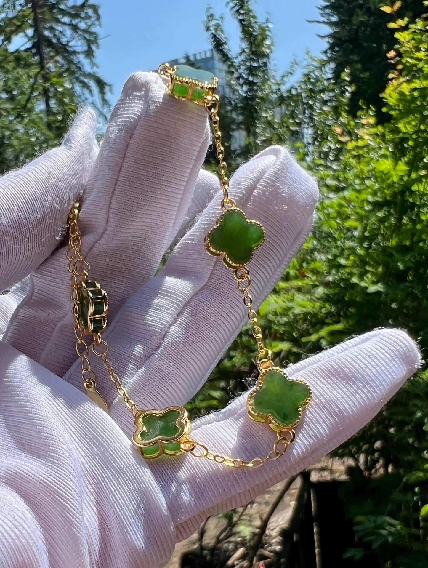 Certified natural nephrite green jade/ green nephrite inlaid S925 bracelet /four leaf clover/rich green 天然 碧玉四叶草镶嵌纯银手链 #7404 深阳绿