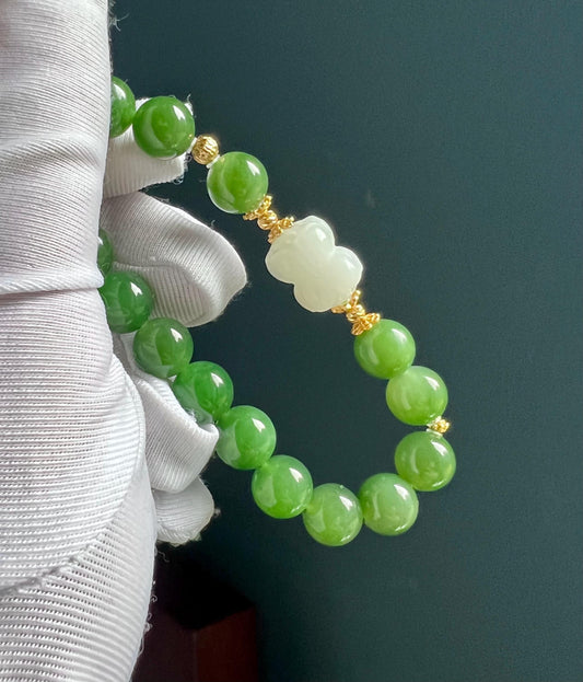 9mm+ Certified natural nephrite green jade/ green nephrite bracelet/white nephrite lotus /天然碧玉手串 阳绿 搭配白玉并蒂莲 #3722
