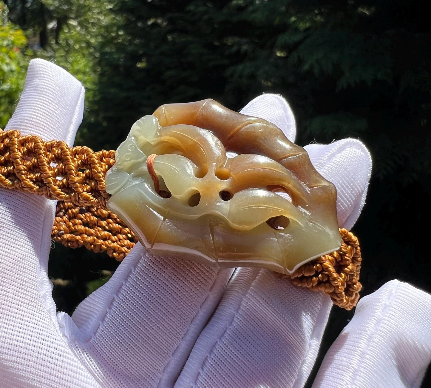 Certified natural jade/brown blue nephrite carved bamboo pendant/hand carved oily nephrite bracelet 天然 糖青玉雕刻竹节手牌 油熟老料 #0949