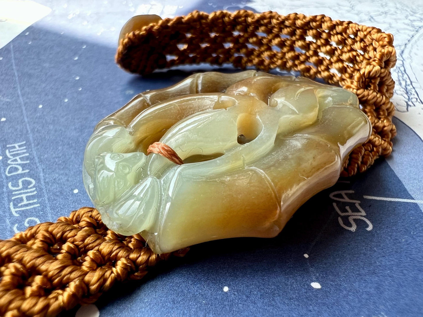 Certified natural jade/brown blue nephrite carved bamboo pendant/hand carved oily nephrite bracelet 天然 糖青玉雕刻竹节手牌 油熟老料 #0949