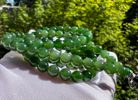 Certified natural nephrite green jade / green nephrite necklace/icy spinach green /108beads adjustable necklace天然碧玉项链 万能链 冰菠菜绿#3187