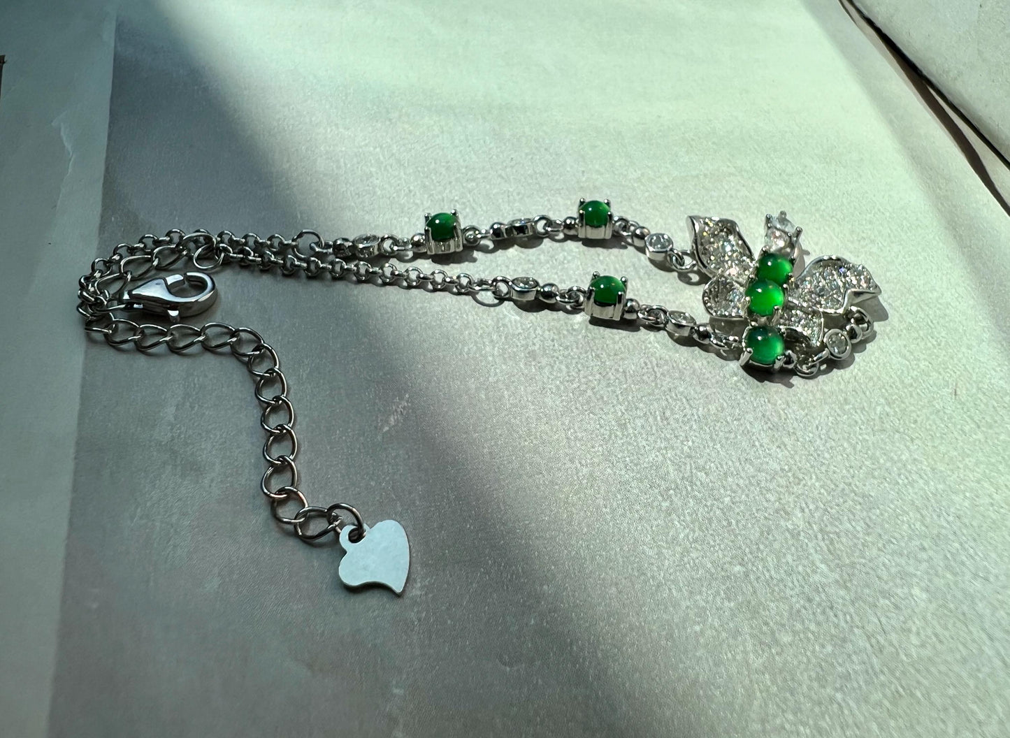 Certified natural Guatemala Grade A Jade/ icy  green Jadiete  sterling silver /flower shaped bracelet 天然A货危料翡翠  冰阳绿蝴蝶 纯银手链 #0961