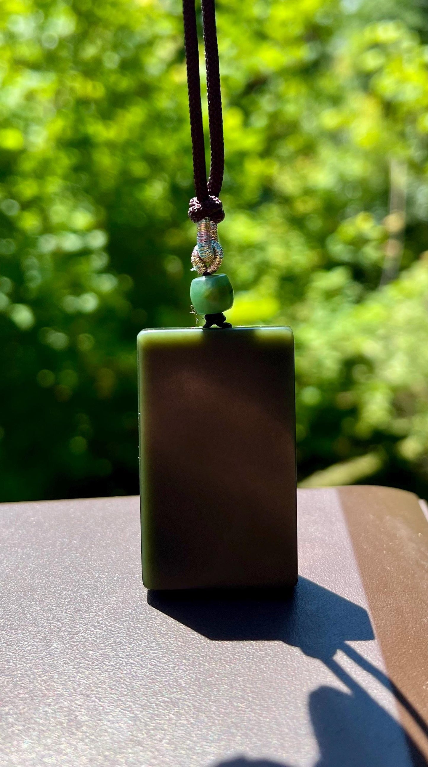 Certified natural jade/Qinghai greenish dark nephrite pendant/ safety rectangle pendant  necklace天然 青玉 无事牌 #1541 豆青色
