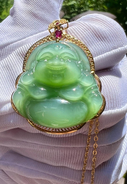 Certified natural nephrite green jade /Siberian chatoyant green nephrite hand carved Buddha pendant/ gold 18k天然精品俄料碧玉 粉绿猫眼 佛公吊坠 笑佛弥勒佛#6405  无结构 收藏品质