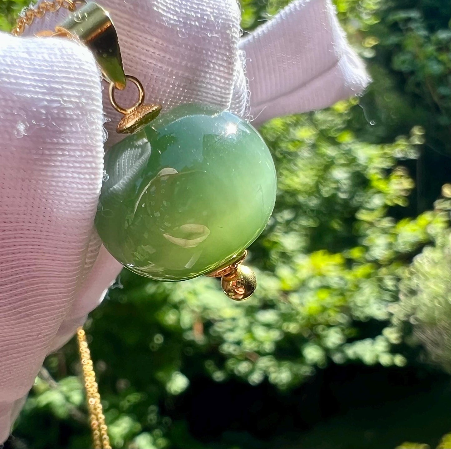 Certified natural nephrite green jade/Siberian chatoyant green Nephrite apple bead/lucky bead pendant/ S925 天然碧玉 猫眼粉青 苹果珠 转运珠  #7465