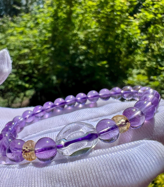 7mm Natural amethyst bracelet/Brazilian light purple amethyst /with clear quartz and Citrine beads 天然紫水晶手串 搭配随形净体白水晶