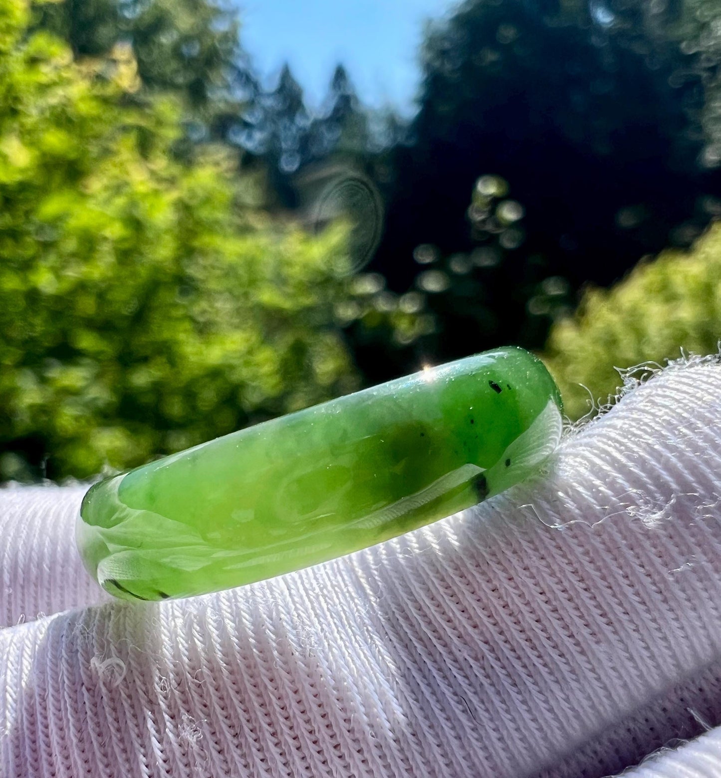 16.8mm Certified natural nephrite green jade/green nephrite ring/bright green nephrite band ring 天然 碧玉指环 戒指 冰底果阳绿戒圈#4876 US size6