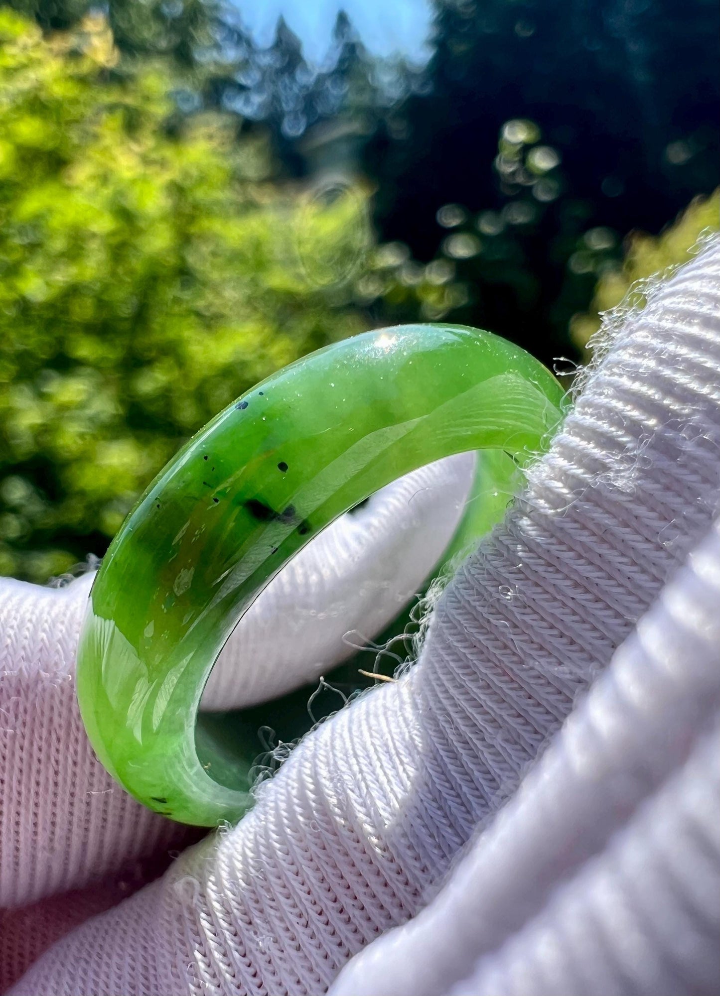 16.8mm Certified natural nephrite green jade/green nephrite ring/bright green nephrite band ring 天然 碧玉指环 戒指 冰底果阳绿戒圈#4876 US size6