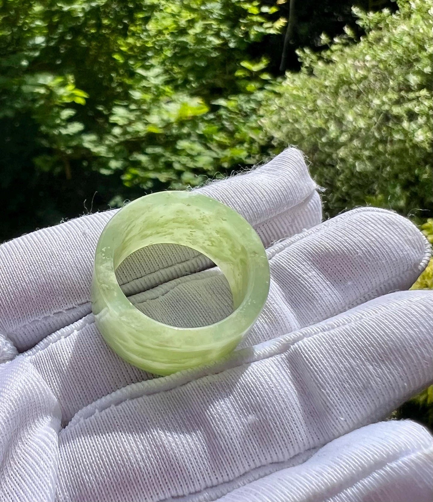 18.9mm Certified natural jade/ Qinghai Emerald Green Nephrite ring /straight cut lucky band ring 天然青海翠青玉 直切指环 扳指 戒圈#0767  US size8.2