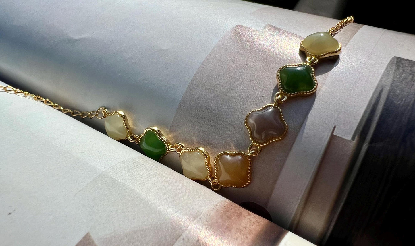 Certified natural Jade/multi color nephrite four leaf clover bracelet /green purple yellow nephrite inlaid S925 天然  碧玉糖玉黄玉烟紫 纯银多宝手链#0341