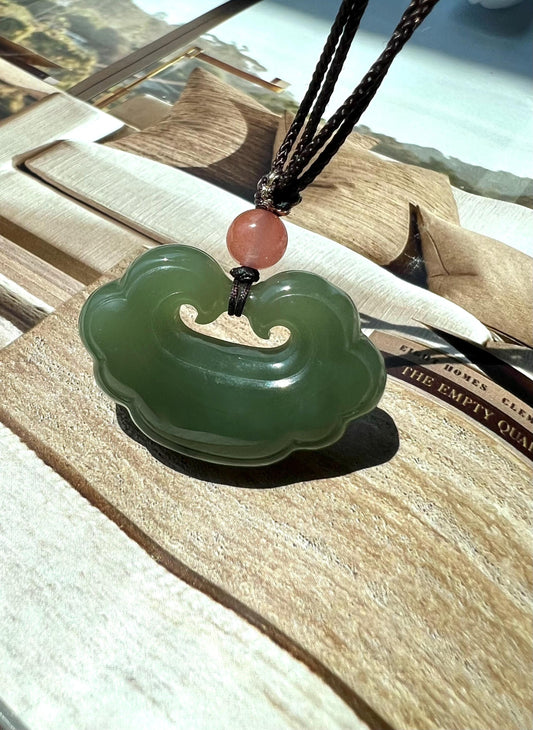 Certified natural jade/ Qinghai lake green Nephrite carved Ruyi lock /nephrite Ruyi pendant necklace天然软玉 青海湖水绿如意锁吊坠#2466