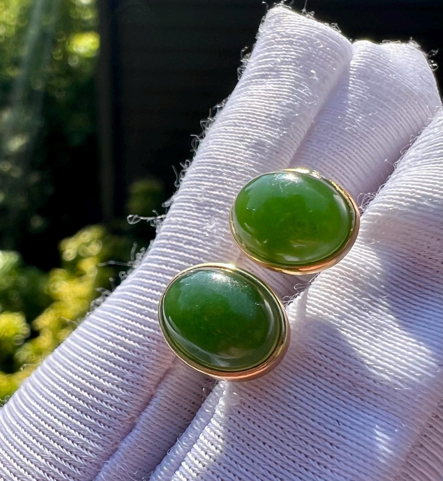 Nephrite Jade Sterling Silver Stud Earrings: Oval Green Jade #0938