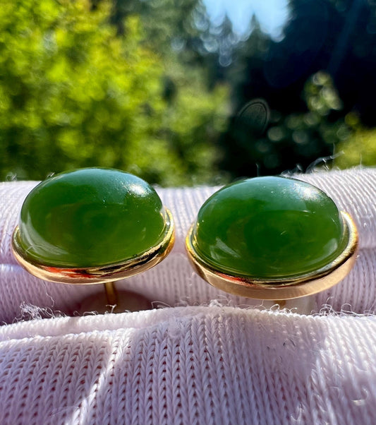 Nephrite Jade Sterling Silver Stud Earrings: Oval Green Jade #0938