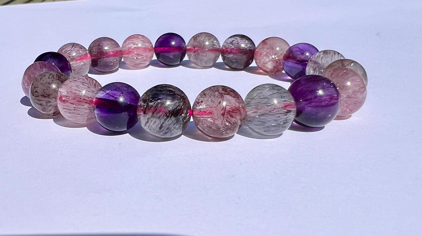 9.4mm+ Certified natural Super Seven bracelet, Super 7 Quartz/ round beads 天然精品超七水晶 超7手串, Super seven 晶体干净内涵顺满#7821