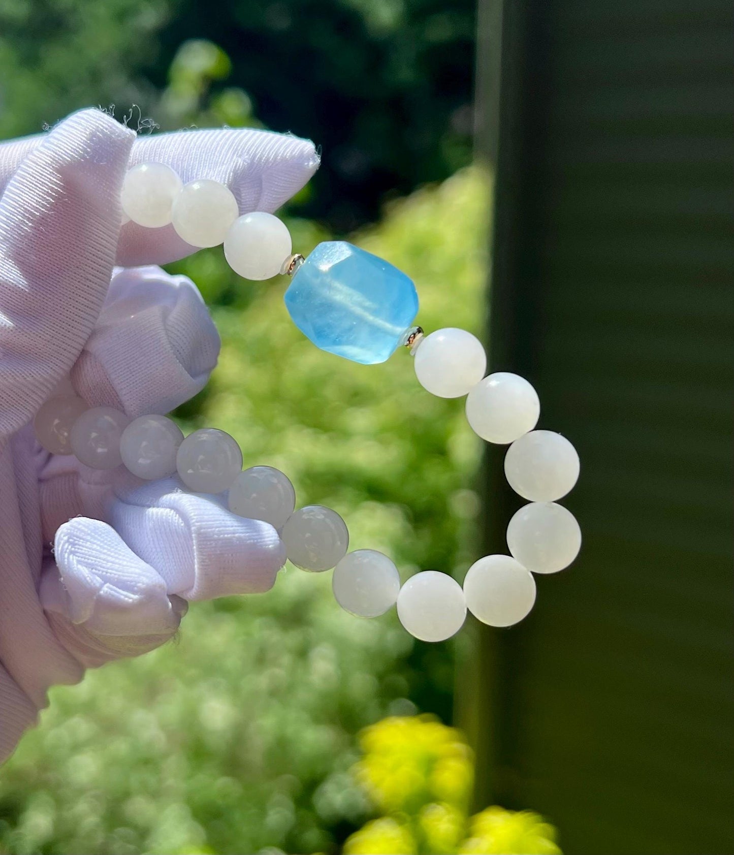 8mm Certified natural jade  Qinghai white Nephrite bracelet/天然青海白玉 圆珠手串 #8681 冰润白月光 搭配海蓝宝随形珠