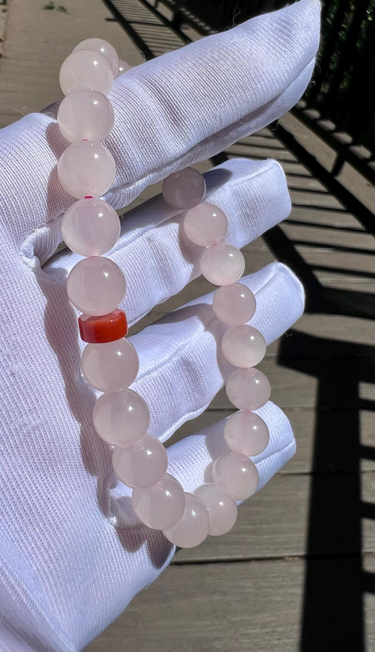 Certified natural jade/Qinghai lotus root pink nephrite bracelet/lustrous jelly feel nephrite 天然精品 青海冰底果冻料 藕粉手串  #3074 起莹光起猫感