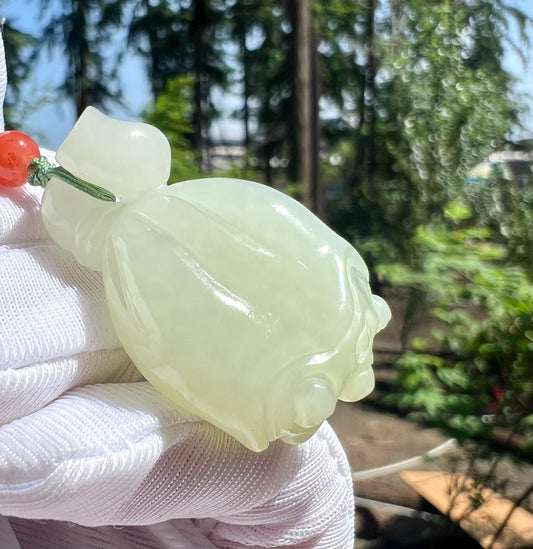 Certified natural jade/ Ruoqiang White Nephrite carved lotus seedpod pendant/greenish white/ 天然软玉 若羌白玉莲蓬 吊坠 #5918 青白色