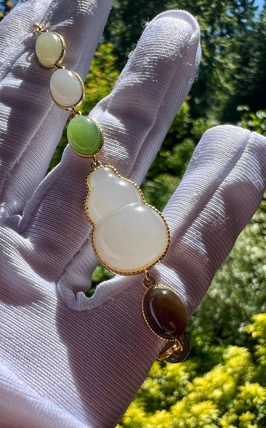 Certified natural Jade/multi color nephrite bracelet /green brown white nephrite inlaid S925 bracelet 天然碧玉糖玉黄玉蛋面藕白玉葫芦镶嵌纯银手链 #0950