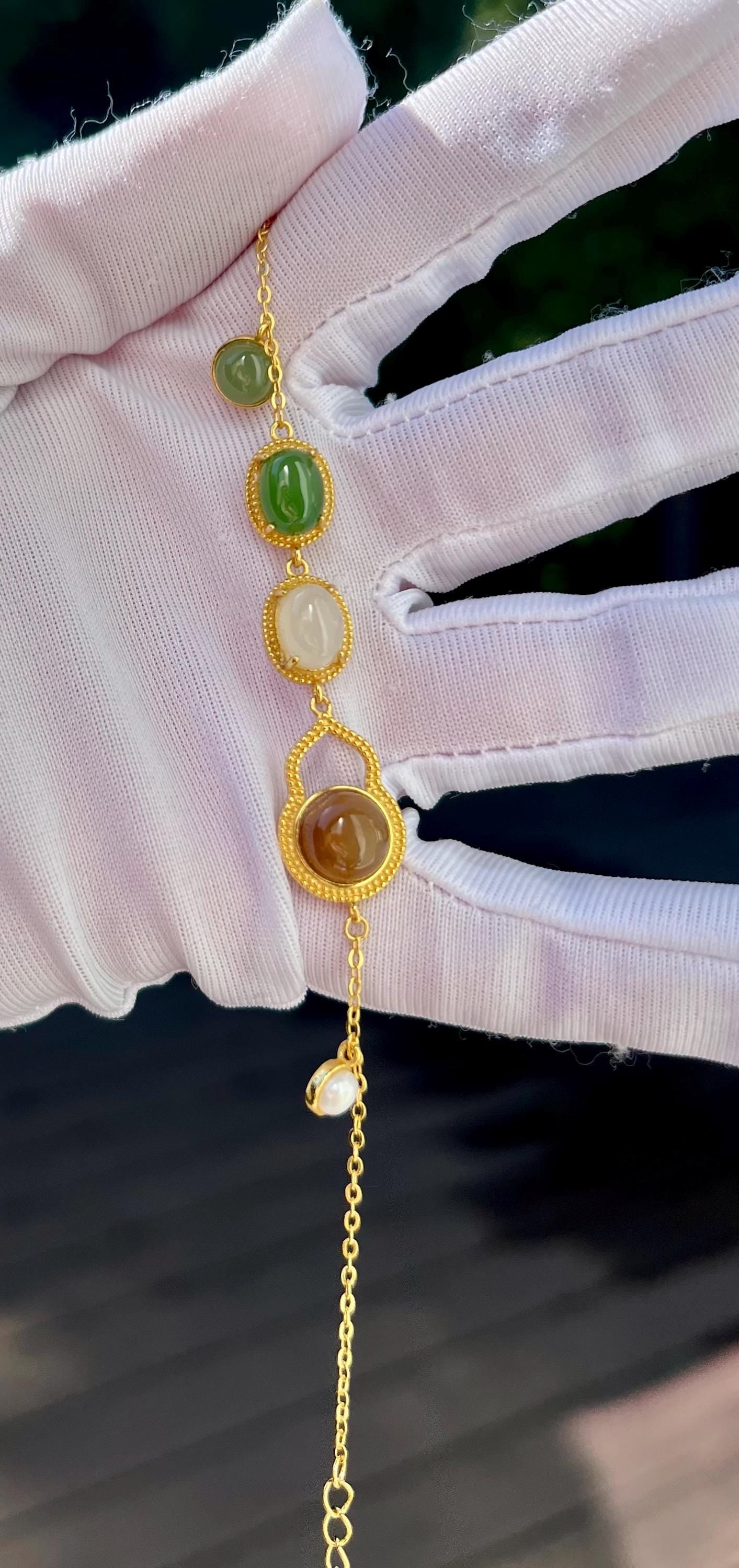 Certified natural Jade/multi color nephrite bracelet /green brown white nephrite inlaid S925 bracelet 天然碧玉糖玉白玉蛋面镶嵌纯银手链 #0949