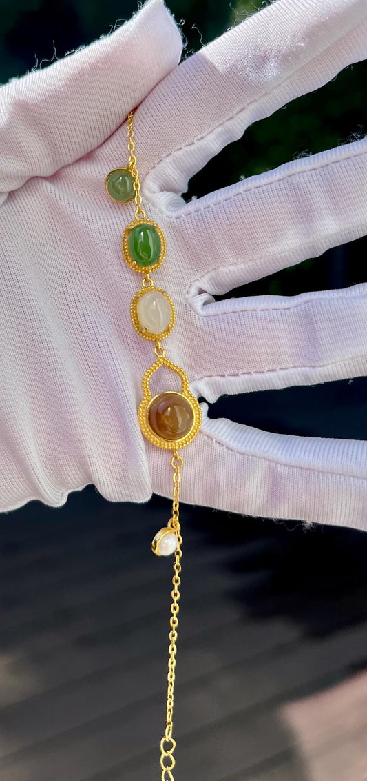 Certified natural Jade/multi color nephrite bracelet /green brown white nephrite inlaid S925 bracelet 天然碧玉糖玉白玉蛋面镶嵌纯银手链 #0949