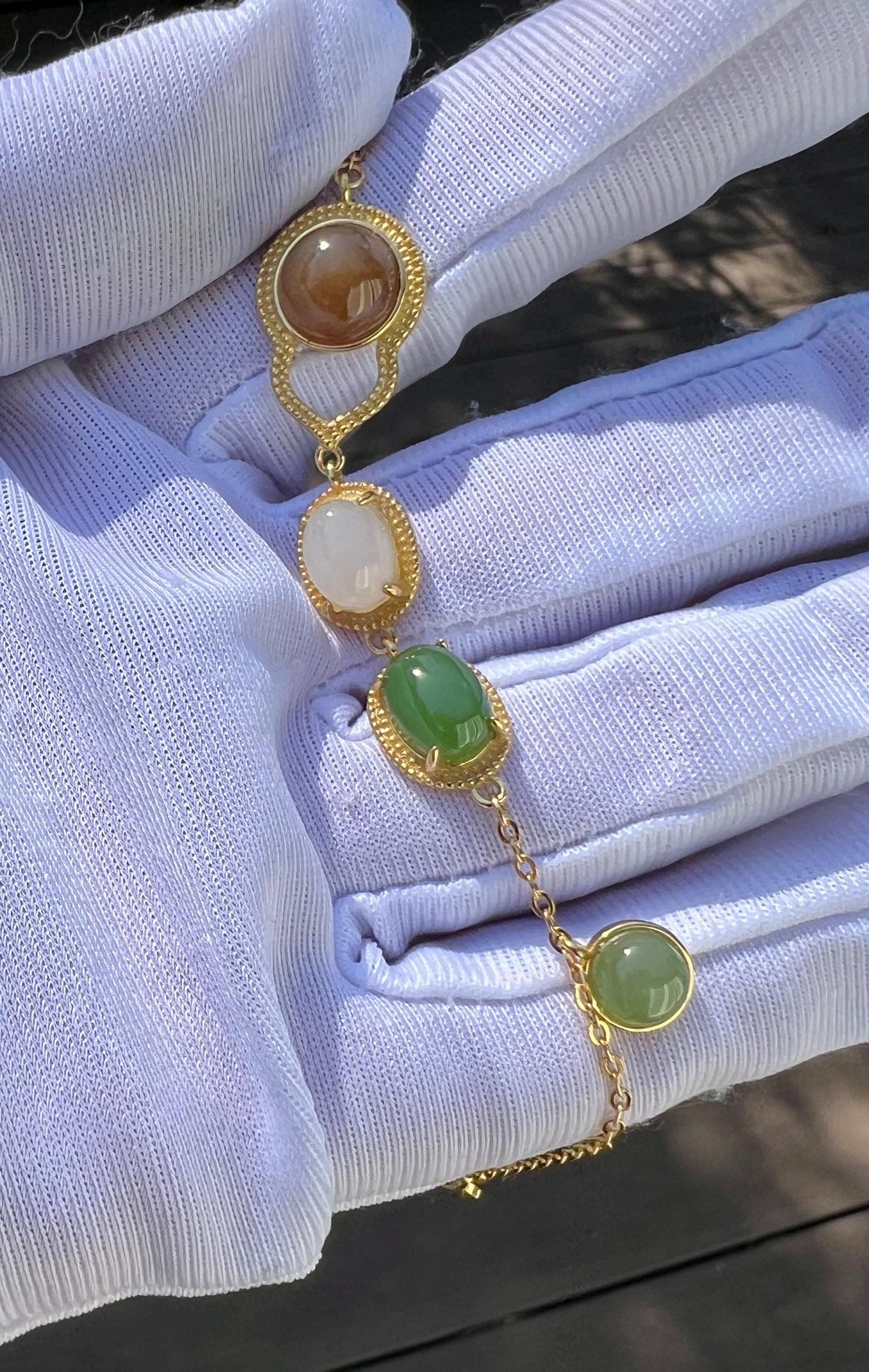 Certified natural Jade/multi color nephrite bracelet /green brown white nephrite inlaid S925 bracelet 天然碧玉糖玉白玉蛋面镶嵌纯银手链 #0949