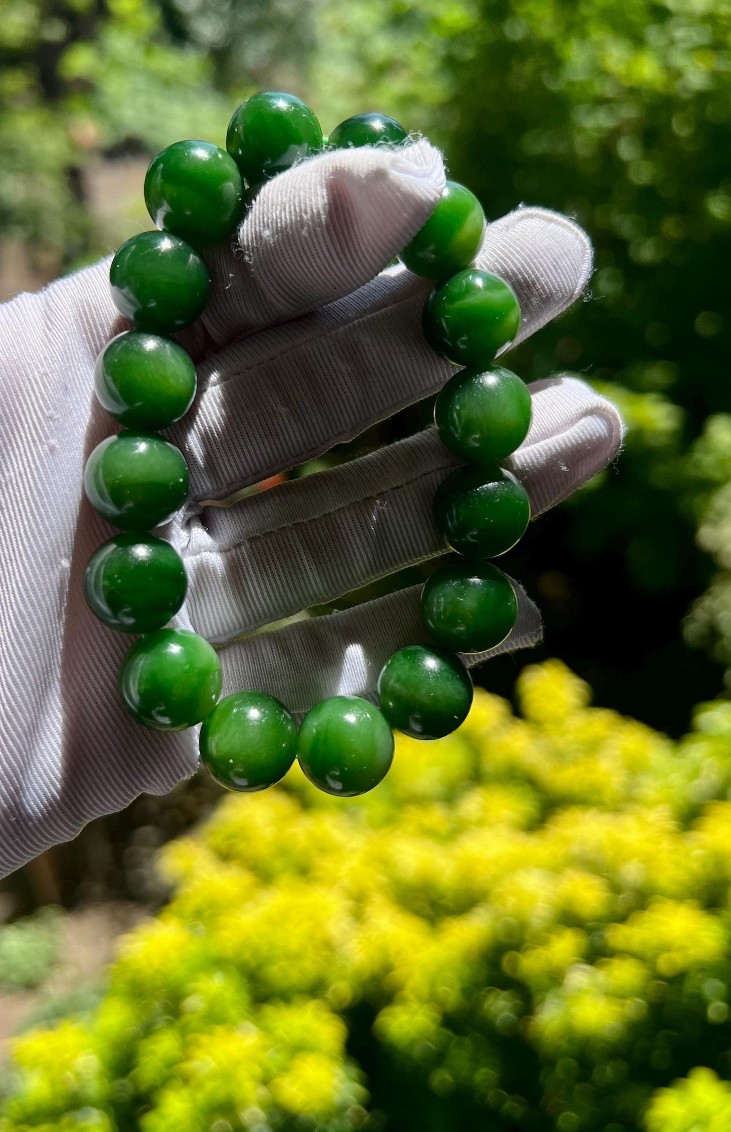 12.7mm+ Certified natural nephrite green jade/Siberian Gradient green nephrite Bracelet/ rich green nephrite/天然俄料碧玉手串 白加绿 色浓油润 #4589