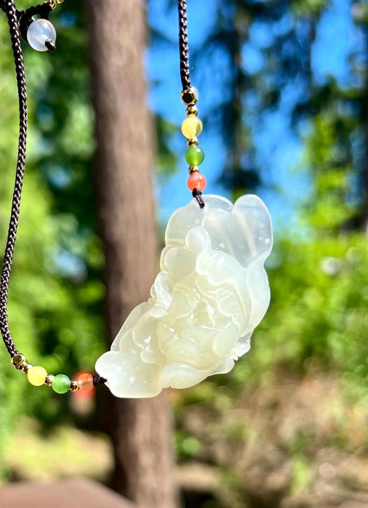 Certified natural jade/ Qinghai old mine white nephrite carved peony flower pendant /necklace 天然青海老料白玉 雕刻牡丹花吊坠 锁骨链 手工项链绳#3061