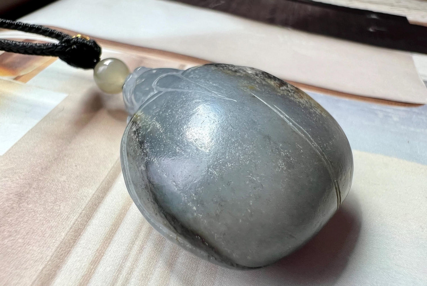 Certified natural jade /black and white nephrite pebble dragon turtle pendant necklace/river nephrite with original skin 天然软玉 墨玉河籽料青花雕刻龙龟吊坠 #7949 原皮毛孔