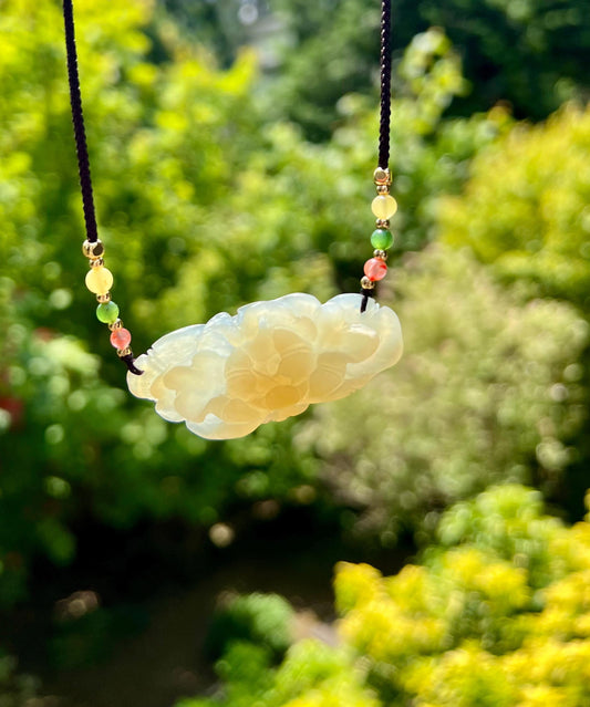 Certified natural jade/Ruoqiang brown white nephrite carved peony flower pendant /necklace 天然软玉 若羌糖白玉 雕刻牡丹花吊坠 项链 #3055 黄口糖