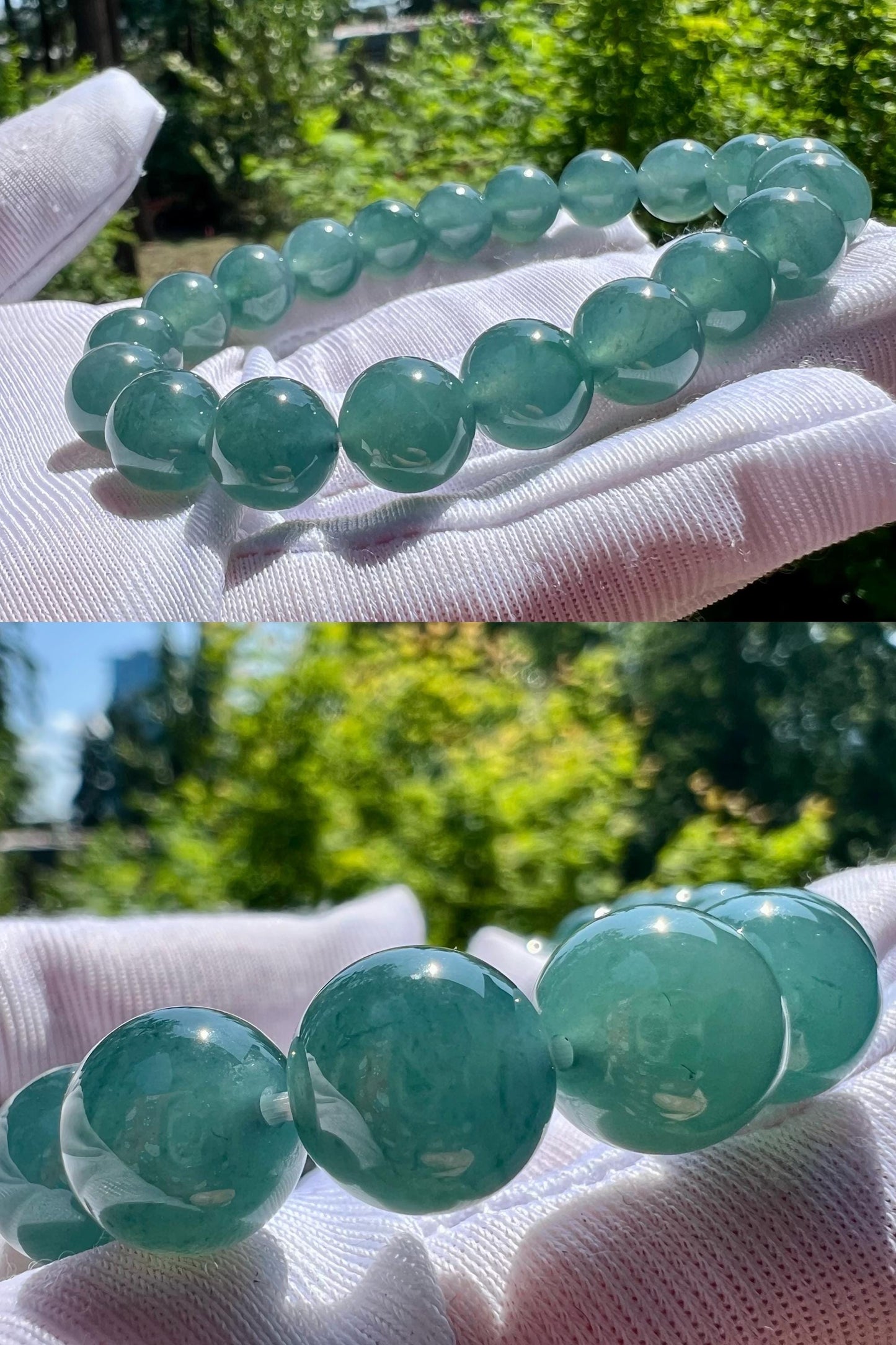 9.8mm Certified natural untreated Grade A Jade bracelet/Guatemala Jadeite bracelet/icy blue Jadiete  天然精品无优化冰种蓝水翡翠手串 刚性足 起胶起莹光#0592 湖蓝色