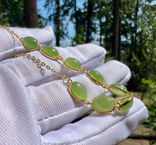 Certified natural nephrite green jade/ green nephrite inlaid S925 bracelet /fresh green 天然 碧玉蛋面镶嵌纯银手链 #4947 果阳绿
