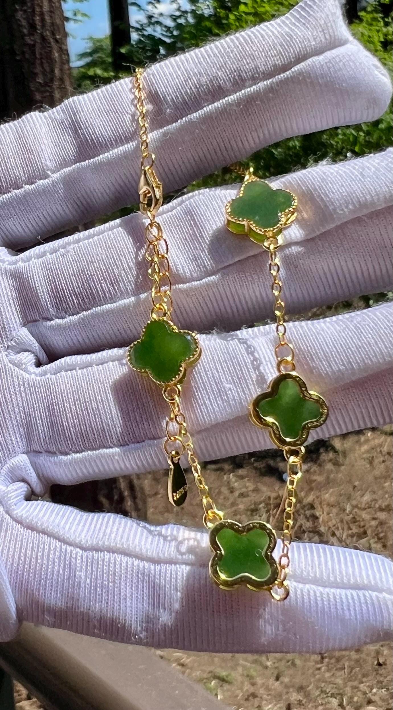 Certified natural nephrite green jade/ green nephrite inlaid S925 bracelet /four leaf clover/rich green 天然 碧玉四叶草镶嵌纯银手链 #7404 深阳绿