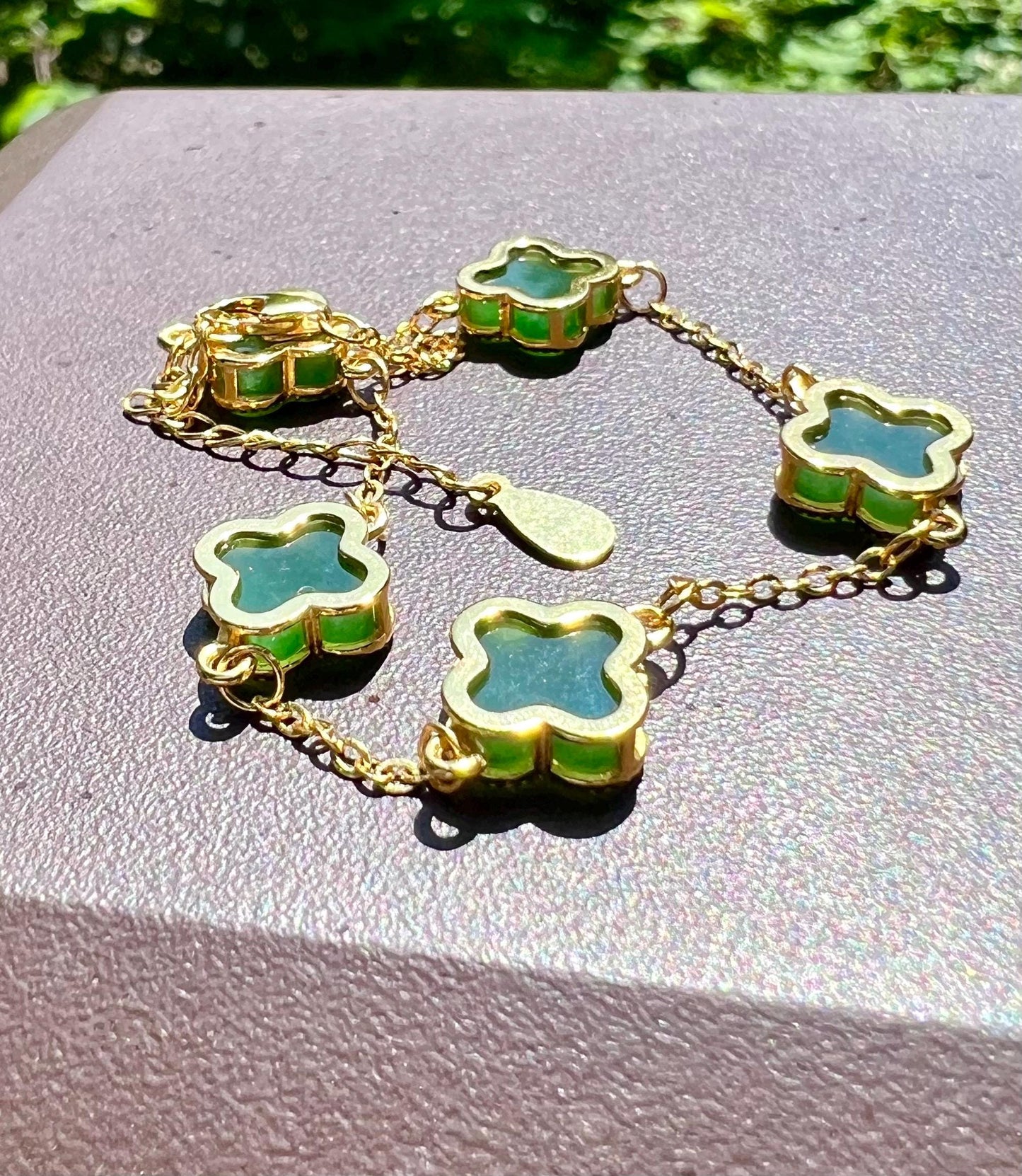 Certified natural nephrite green jade/ green nephrite inlaid S925 bracelet /four leaf clover/rich green 天然 碧玉四叶草镶嵌纯银手链 #7404 深阳绿