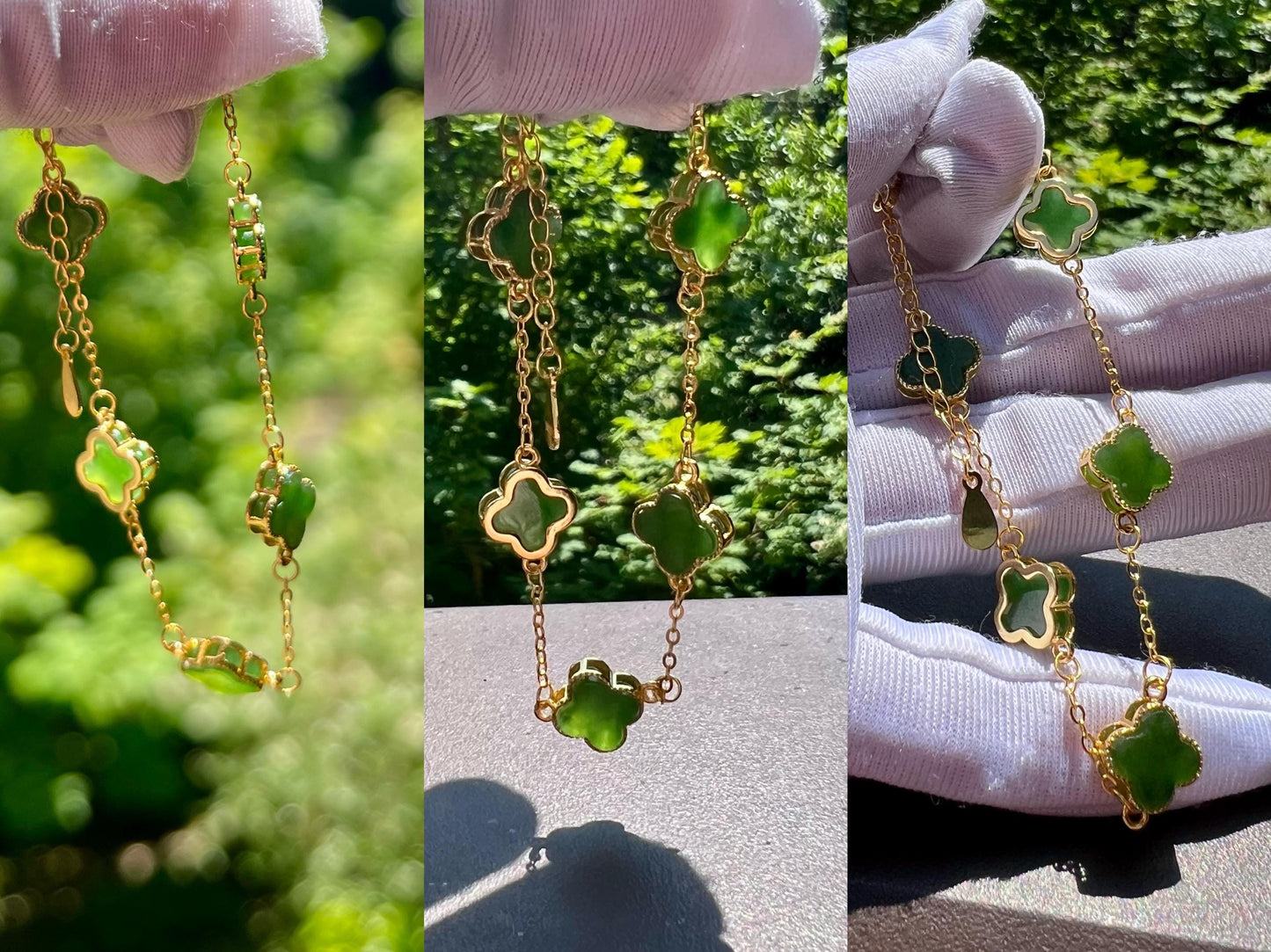Certified natural nephrite green jade/ green nephrite inlaid S925 bracelet /four leaf clover/rich green 天然 碧玉四叶草镶嵌纯银手链 #7404 深阳绿