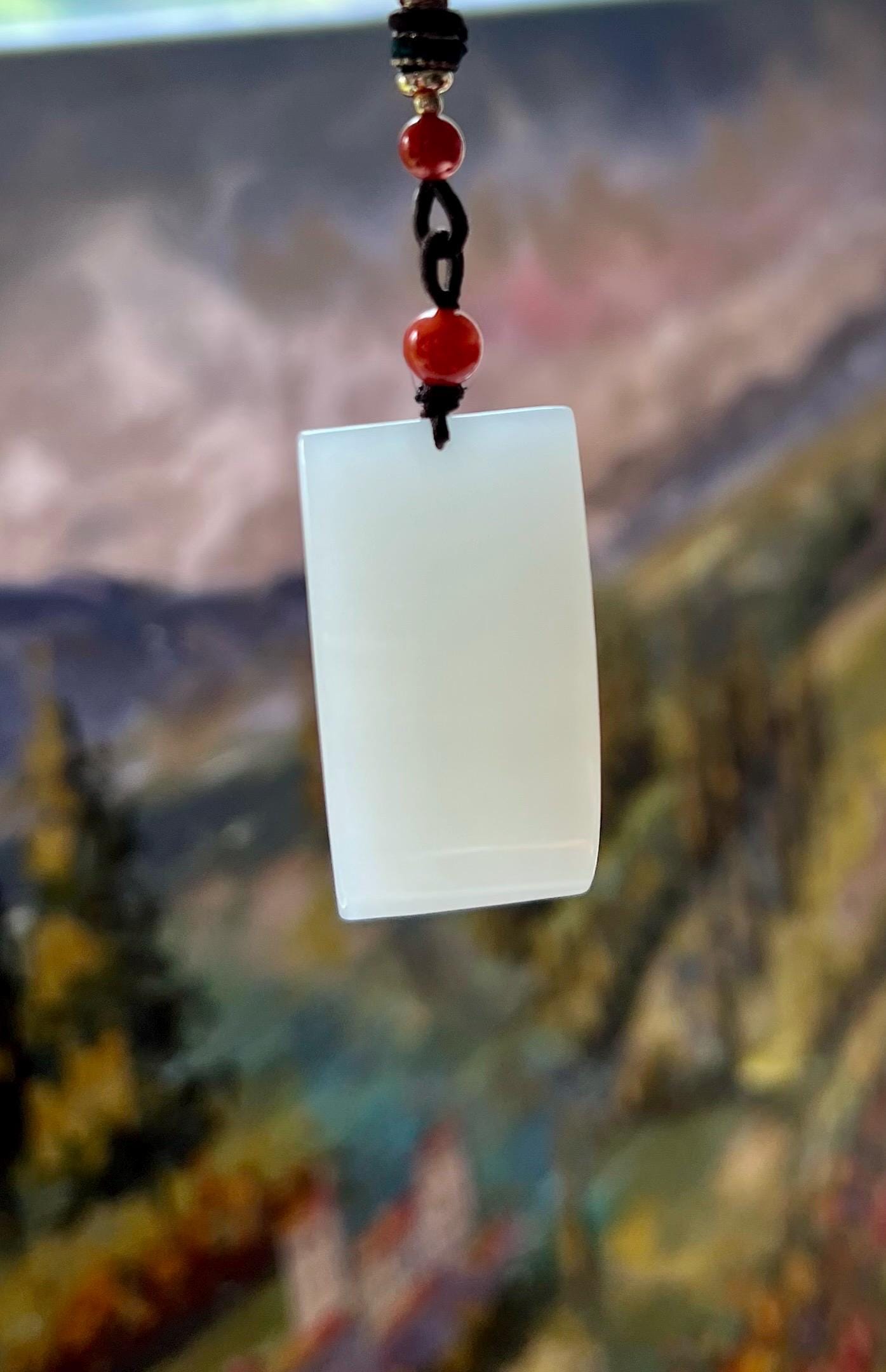 Certified natural jade/ Qinghai white nephrite safety pendant necklace/rectangle nephrite nothing pendant /天然软玉吊坠 青海白玉无事牌 #5901 冰润细糯