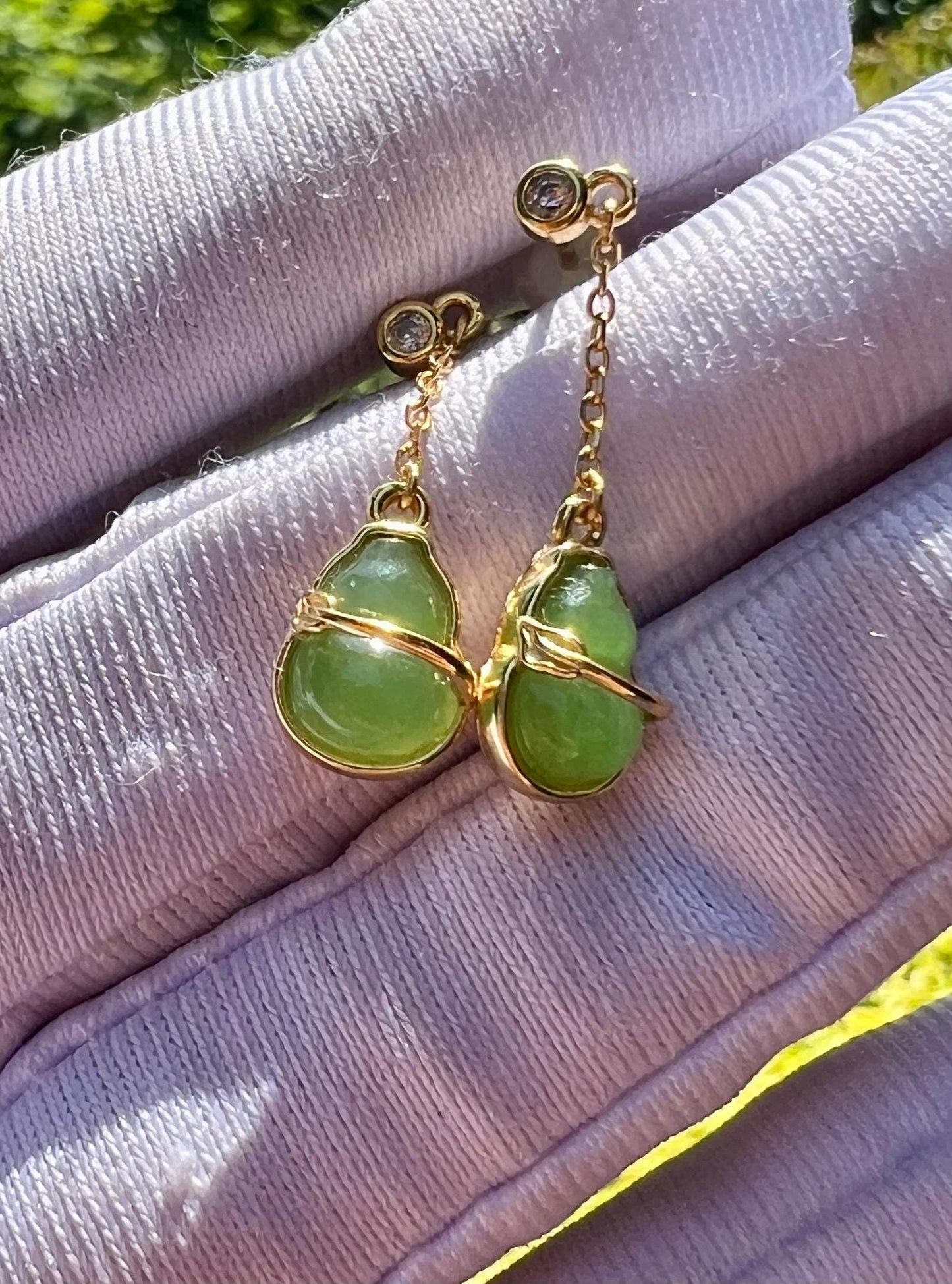 Certified natural nephrite green jade/green nephrite gourd earrings/S925 drop earrings/stud earrings 天然碧玉葫芦耳环  果阳绿 纯银耳钉 耳坠#0440