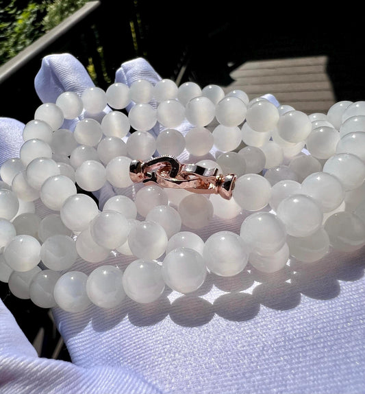 7.6mm+ Certified natural Jade/Chatoyant white nephrite necklace/vivid chatoyancy necklace/108 beads 天然臻品 白玉项链 一线白冰猫#6380 天花板收藏品质