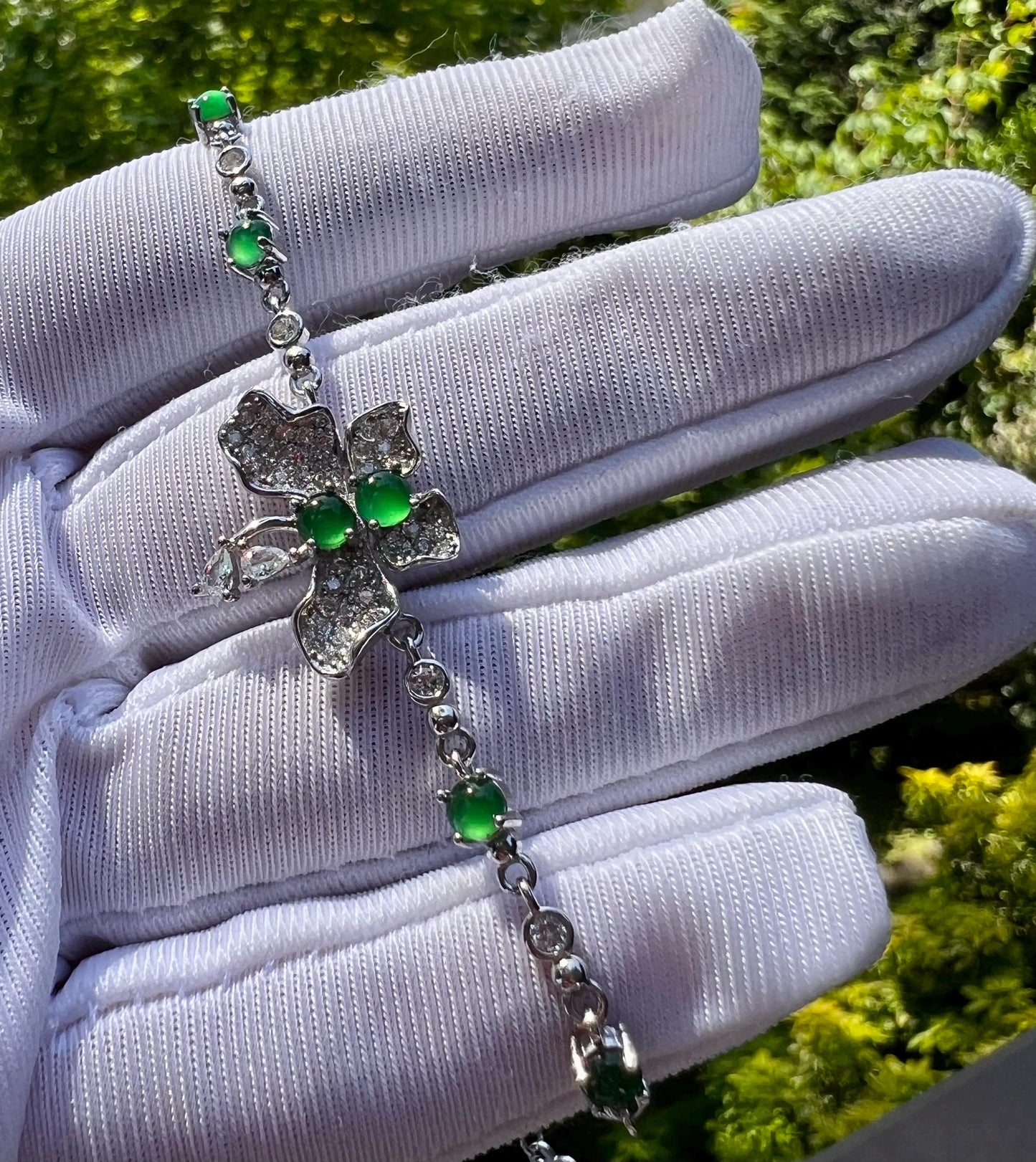 Certified natural Guatemala Grade A Jade/ icy  green Jadiete  sterling silver /flower shaped bracelet 天然A货危料翡翠  冰阳绿蝴蝶 纯银手链 #0961