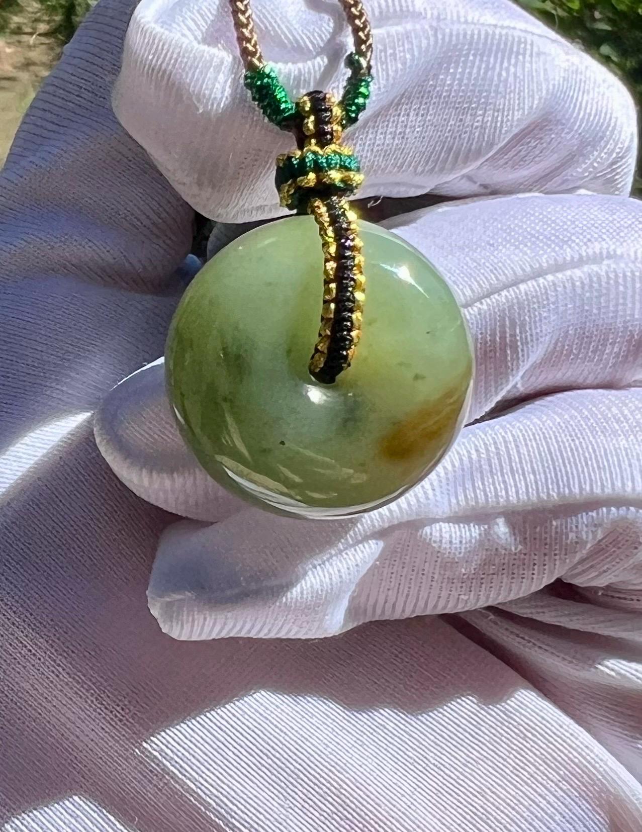 Certified natural jade/tri-color nephrite donut pendant/green brown black circle safety pendant  天然软玉 糖 绿 青花 三色平安扣 吊坠 #2009 小尺寸 胖墩墩