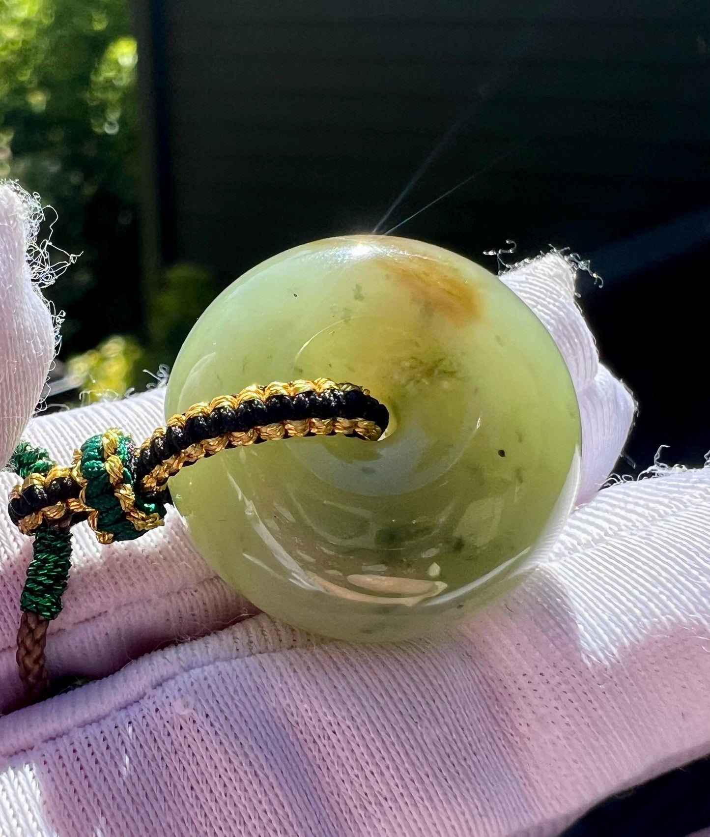 Certified natural jade/tri-color nephrite donut pendant/green brown black circle safety pendant  天然软玉 糖 绿 青花 三色平安扣 吊坠 #2009 小尺寸 胖墩墩