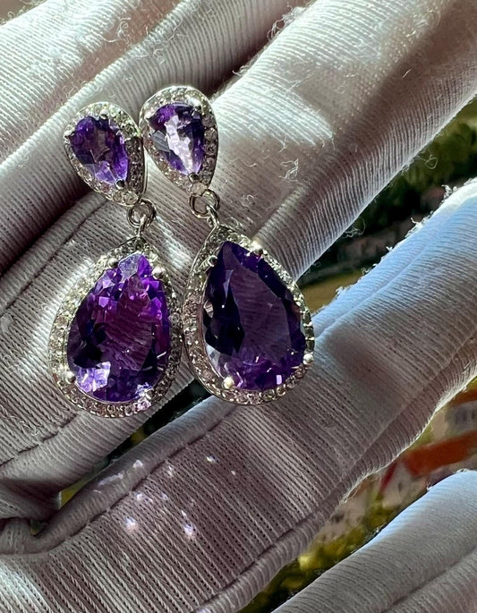 Natural Amethyst teardrop shape earrings/Untreated Purple amethyst sterling silver drop earrings /天然精品 玻璃体玻利维亚紫水晶 水滴耳环 耳坠 纯银耳钉#0378